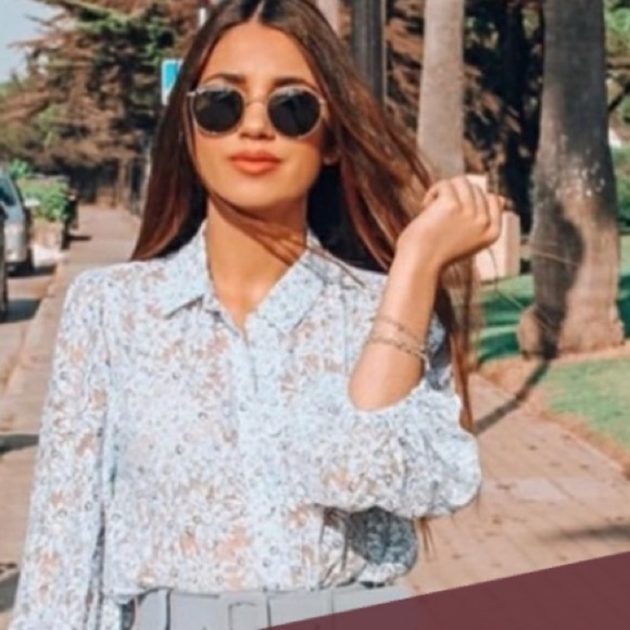 Zara Floral Blue Organza Puff Sleeve Sheer Cropped Blouse Size XS - Picture 12 of 16